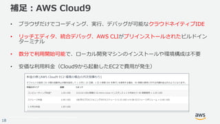 © 2017, Amazon Web Services, Inc. or its Affiliates. All rights reserved.
18
補足：AWS Cloud9
• ブラウザだけでコーディング、実行、デバッグが可能なクラウドネイティブIDE
• リッチエディタ、統合デバッグ、AWS CLIがプリインストールされたビルドイン
ターミナル
• 数分で利用開始可能で、ローカル開発マシンのインストールや環境構成は不要
• 安価な利用料金（Cloud9から起動したEC2で費用が発生）
 
