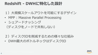 © 2017, Amazon Web Services, Inc. or its Affiliates. All rights reserved.
4
Redshift - DWHに特化した設計
１）大規模スケールアウトを可能にするデザイン
• MPP : Massive Parallel Processing
• シェアードナッシング
（ディスクをノードで共有しない）
２）ディスクIOを削減するための様々な仕組み
• DWH最大のボトルネックはディスクIO
 