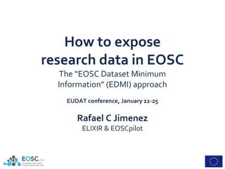How to expose
research data in EOSC
The “EOSC Dataset Minimum
Information” (EDMI) approach
EUDAT conference, January 22-25
Rafael C Jimenez
ELIXIR & EOSCpilot
 