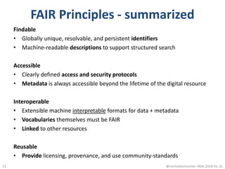 FAIR Principles - summarized
Findable
• Globally unique, resolvable, and persistent identifiers
• Machine-readable descriptions to support structured search
Accessible
• Clearly defined access and security protocols
• Metadata is always accessible beyond the lifetime of the digital resource
Interoperable
• Extensible machine interpretable formats for data + metadata
• Vocabularies themselves must be FAIR
• Linked to other resources
Reusable
• Provide licensing, provenance, and use community-standards
@micheldumontier::RDA:2018-01-3112
 