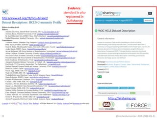 @micheldumontier::RDA:2018-01-3121
http://www.w3.org/TR/hcls-dataset/
Evidence:
standard is also
registered in
FAIRsharing
https://fairsharing.org
 