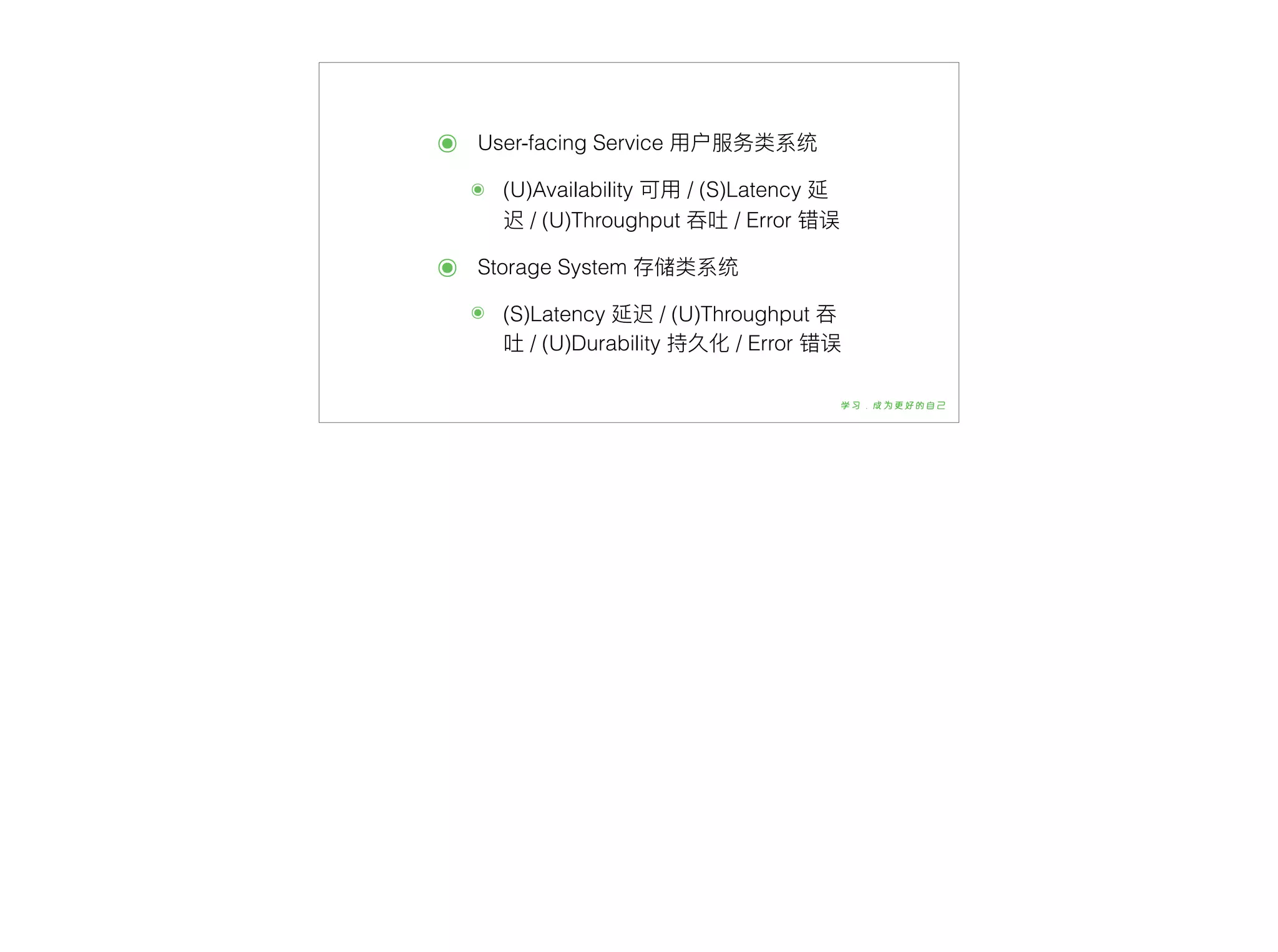 ๏ User-facing Service ⽤用户服务类系统
๏ (U)Availability 可⽤用 / (S)Latency 延
迟 / (U)Throughput 吞吐 / Error 错误
๏ Storage System 存储类系统
๏ (S)Latency 延迟 / (U)Throughput 吞
吐 / (U)Durability 持久化 / Error 错误
 