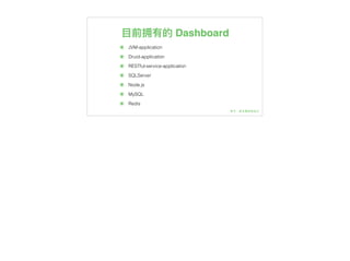 ⽬目前拥有的 Dashboard
๏ JVM-application
๏ Druid-application
๏ RESTful-service-application
๏ SQLServer
๏ Node.js
๏ MySQL
๏ Redis
 