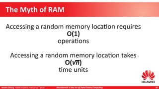 Martin Děcký, FOSDEM 2018, February 3rd
2018 Microkernels in the Era of Data-Centric Computing 10
The Myth of RAM
Accessing a random memory location requires
O(1)
operations
Accessing a random memory location takes
O(√n)
time units
 