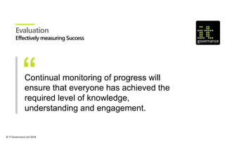 © IT Governance Ltd 2018
Continual monitoring of progress will
ensure that everyone has achieved the
required level of knowledge,
understanding and engagement.
Evaluation
 