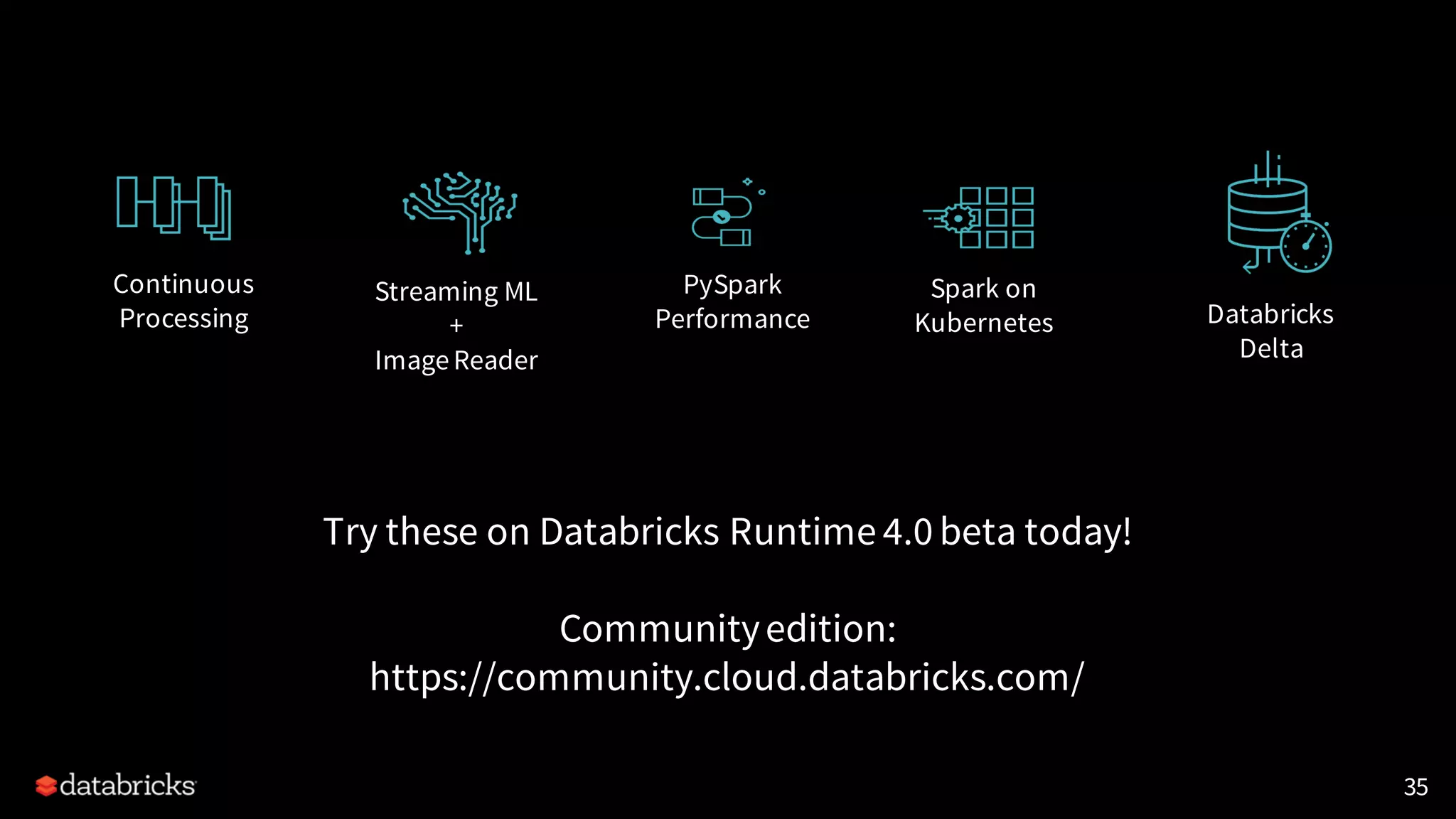 35
Continuous
Processing
Spark on
Kubernetes
PySpark
Performance
Streaming ML
+
ImageReader
Databricks
Delta
Try these on Databricks Runtime 4.0 beta today!
Communityedition:
https://community.cloud.databricks.com/
 