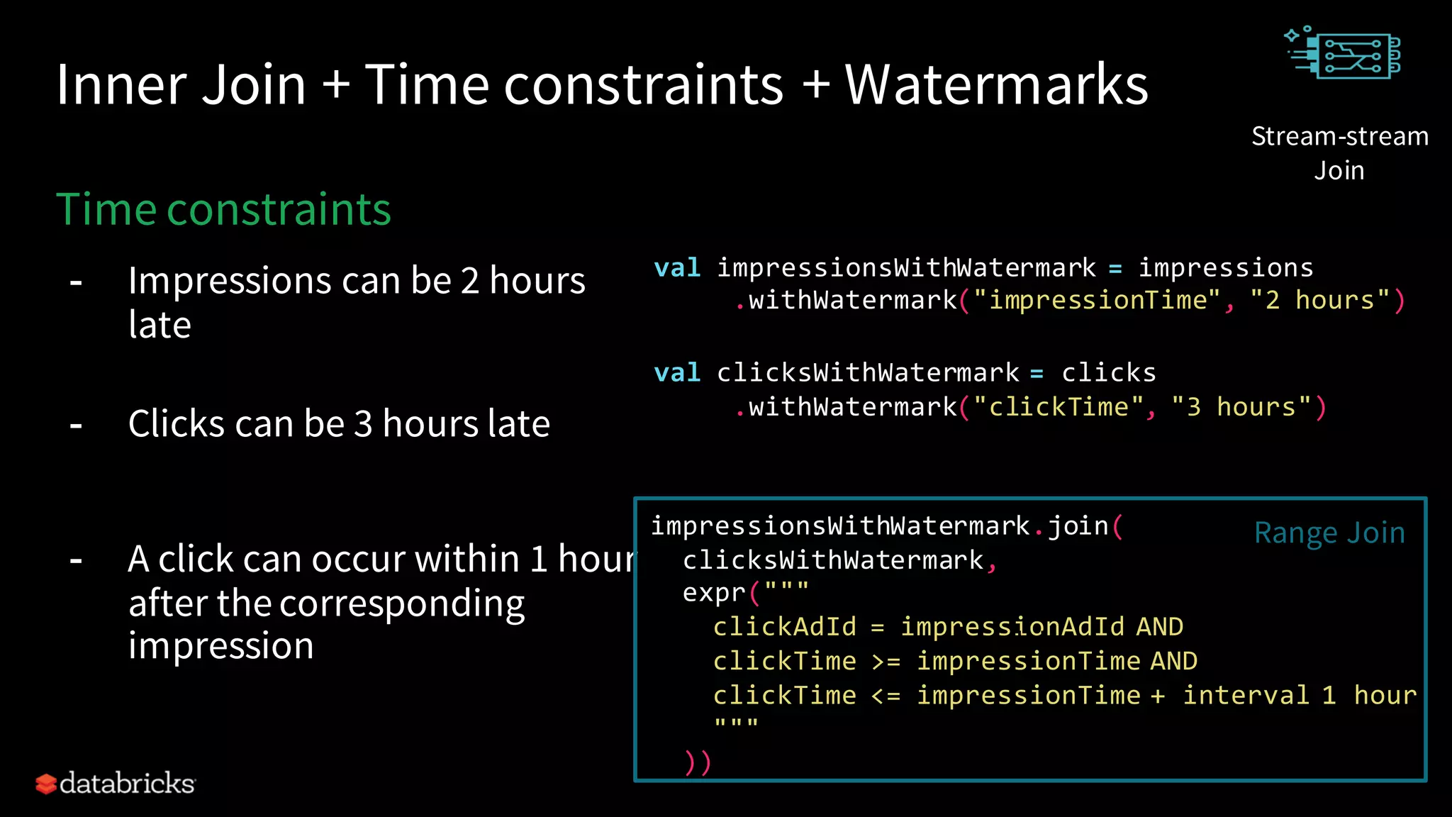 Inner Join + Time constraints + Watermarks
time constraints
Time constraints
- Impressions can be 2 hours
late
- Clicks can be 3 hours late
- A click can occur within 1 hour
after the corresponding
impression
val impressionsWithWatermark = impressions
.withWatermark("impressionTime", "2 hours")
val clicksWithWatermark = clicks
.withWatermark("clickTime", "3 hours")
impressionsWithWatermark.join(
clicksWithWatermark,
expr("""
clickAdId = impressionAdId AND
clickTime >= impressionTime AND
clickTime <= impressionTime + interval 1 hour
"""
))
Join
Range Join
Stream-stream
Join
 