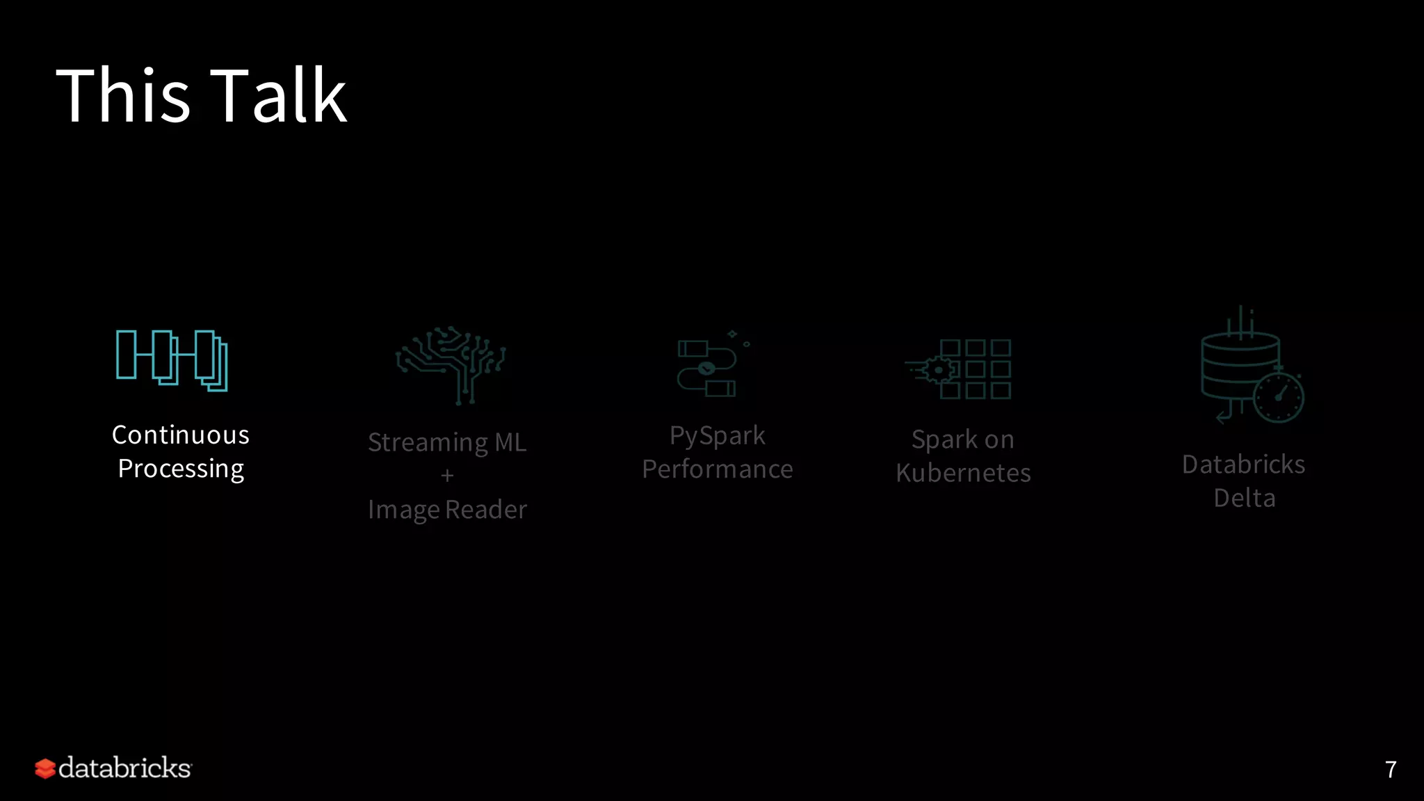 This Talk
7
Continuous
Processing
Spark on
Kubernetes
PySpark
Performance
Streaming ML
+
ImageReader
Databricks
Delta
 