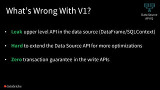 What’s Wrong With V1?
• Leak upper level API in the data source (DataFrame/SQLContext)
• Hard to extend the Data Source API for more optimizations
• Zero transaction guarantee in the write APIs
Data Source
API V2
 
