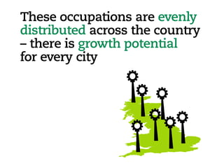 These occupations are evenly
distributed across the country
– there is growth potential
for every city
 