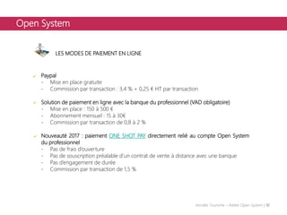 Open System
LES MODES DE PAIEMENT EN LIGNE
Paypal
- Mise en place gratuite
- Commission par transaction : 3,4 % + 0,25 € HT par transaction
Solution de paiement en ligne avec la banque du professionnel (VAD obligatoire)
- Mise en place : 150 à 500 €
- Abonnement mensuel : 15 à 30€
- Commission par transaction de 0,8 à 2 %
Nouveauté 2017 : paiement ONE SHOT PAY directement relié au compte Open System
du professionnel
- Pas de frais d’ouverture
- Pas de souscription préalable d’un contrat de vente à distance avec une banque
- Pas d’engagement de durée
- Commission par transaction de 1,5 %
Vendée Tourisme – Atelier Open System | 10
 