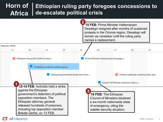 Horn of
Africa
3Peter Cialone
Ethiopian ruling party foregoes concessions to
de-escalate political crisis
15 FEB: Prime Minister Hailemariam
Desalegn resigned after months of sustained
protests in the Oromia region. Desalegn will
remain as caretaker until the ruling party
names a replacement.
16 FEB: The Ethiopian
Council of Ministers declared
a six-month nationwide state
of emergency, citing the
volatile security situation.
2
3
12-14 FEB: Activists held a strike
against the Ethiopian
government’s detention of political
opposition members. The
Ethiopian attorney general
released hundreds of prisoners,
including top opposition member
Bekele Gerba, on 13 FEB.
1
 