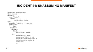 11
INCIDENT #1: UNASSUMING MANIFEST
apiVersion: batch/v2alpha1
kind: CronJob
metadata:
name: "foobar"
labels:
application: "foobar"
spec:
schedule: "*/15 9-19 * * Mon-Fri"
jobTemplate:
spec:
template:
metadata:
labels:
application: "foobar"
spec:
restartPolicy: Never
concurrencyPolicy: Forbid
successfulJobsHistoryLimit: 1
failedJobsHistoryLimit: 1
containers:
...
 