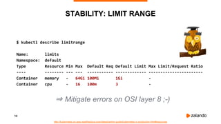 14
STABILITY: LIMIT RANGE
$ kubectl describe limitrange
Name: limits
Namespace: default
Type Resource Min Max Default Req Default Limit Max Limit/Request Ratio
---- -------- --- --- ----------- ------------- -----------------------
Container memory - 64Gi 100Mi 1Gi -
Container cpu - 16 100m 3 -
http://kubernetes-on-aws.readthedocs.io/en/latest/admin-guide/kubernetes-in-production.html#resources
⇒ Mitigate errors on OSI layer 8 ;-)
 