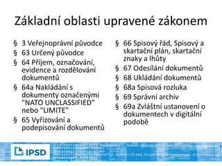 Základní oblasti upravené zákonem
§ 3 Veřejnoprávní původce
§ 63 Určený původce
§ 64 Příjem, označování,
evidence a rozdělování
dokumentů
§ 64a Nakládání s
dokumenty označenými
"NATO UNCLASSIFIED"
nebo "LIMITE"
§ 65 Vyřizování a
podepisování dokumentů
§ 66 Spisový řád, Spisový a
skartační plán, skartační
znaky a lhůty
§ 67 Odesílání dokumentů
§ 68 Ukládání dokumentů
§ 68a Spisová rozluka
§ 69 Správní archiv
§ 69a Zvláštní ustanovení o
dokumentech v digitální
podobě
 