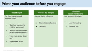 © Vinoaj Vijeyakumaar 2018 | Private & Confidential
Prime your audience before you engage
Put them in a generous &
spending mood
● "Can I put you down for
$100 for Movember?"
● "What is the one purchase
you have never regretted?"
● "How much is your dream
car?"
● Supermarket music
I need budget
Discover the joy in learning
● Start with some fun trivia
● Jeopardy
Process my insights
Your words are directives
● Lead the meeting
● Dress the part
Action my
recommendations
 