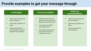 © Vinoaj Vijeyakumaar 2018 | Private & Confidential
Provide examples to get your message through
● "Here's how our Hong Kong
office is handling …"
● "Here's what competitor X is
doing…"
● "Here's what pundit X is
recommending…" (also The
Argument from Authority)
I need budget
● "While the numbers show X,
let's look at the journey of one
specific user from this group"
● "Let's explore this $1000
transaction by Mrs. Y"
● "We conducted surveys and
here are the words of our
customers on issue Z"
Process my insights
● "Here's how our Hong Kong
office is handling …"
● "Here's what competitor X is
doing…"
● "Here's what pundit X is
recommending…"
Action my
recommendations
 