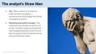 © Vinoaj Vijeyakumaar 2018 | Private & Confidential
The analyst's Straw Man
● You: "ROI on search is 5x what we
make on email campaigns. I
recommend we shift budget from email
campaigns to search."
● Marketing automation manager: "Our
customers love the tips we send in our
emails. So you're saying we should just
start disappointing them now? If we do
that it's going to harm our brand and we
all know what that means."
 