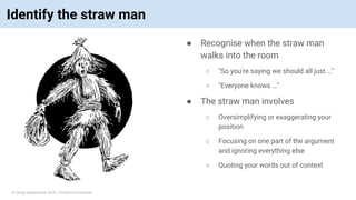 © Vinoaj Vijeyakumaar 2018 | Private & Confidential
Identify the straw man
● Recognise when the straw man
walks into the room
○ "So you're saying we should all just …"
○ "Everyone knows …"
● The straw man involves
○ Oversimplifying or exaggerating your
position
○ Focusing on one part of the argument
and ignoring everything else
○ Quoting your words out of context
 