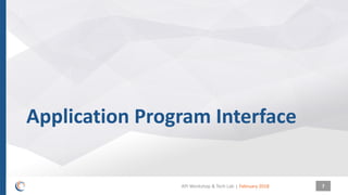 |
Application Program Interface
February 2018API Workshop & Tech Lab 7
 