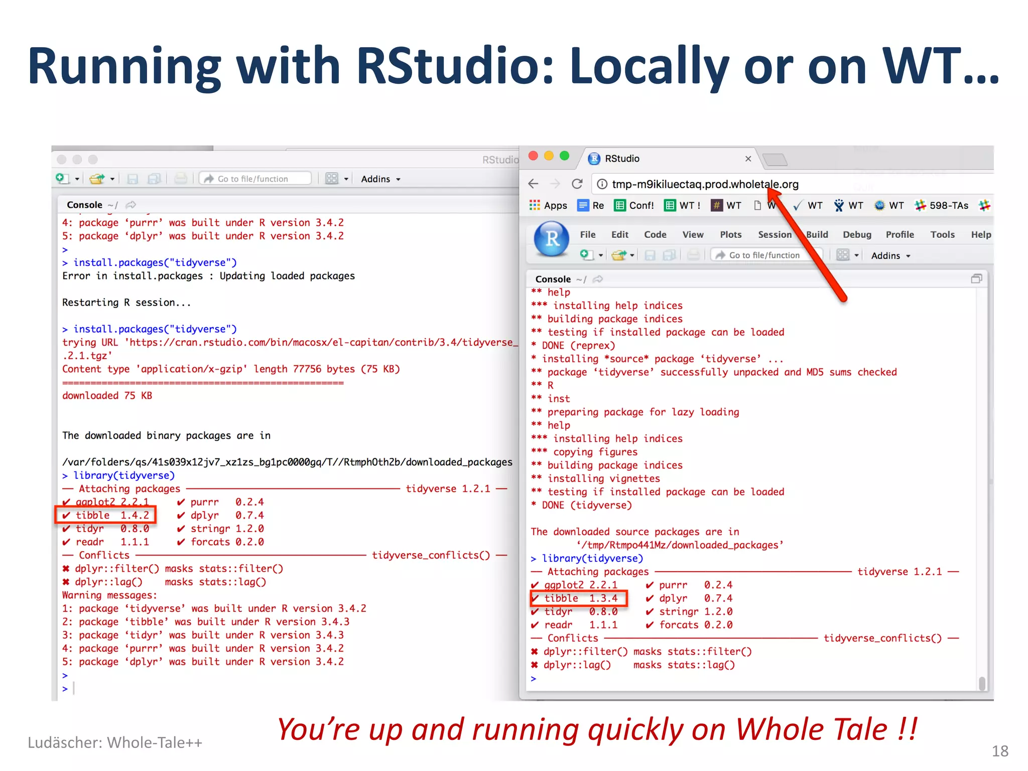 Running	with	RStudio:	Locally	or	on	WT…
Ludäscher:	Whole-Tale++
18
You’re	up	and	running	quickly	on	Whole	Tale	!!
 