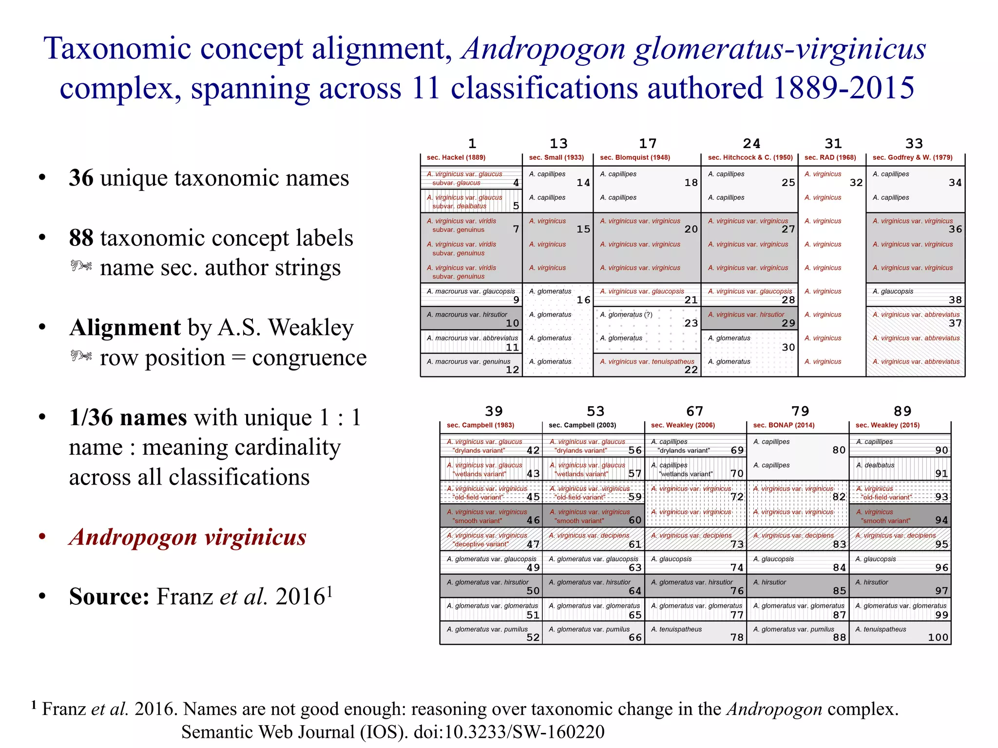 Taxonomic concept alignment, Andropogon glomeratus-virginicus
complex, spanning across 11 classifications authored 1889-2015
• 36 unique taxonomic names
• 88 taxonomic concept labels
Þ name sec. author strings
• Alignment by A.S. Weakley
Þ row position = congruence
• 1/36 names with unique 1 : 1
name : meaning cardinality
across all classifications
• Andropogon virginicus
• Source: Franz et al. 20161
1 Franz et al. 2016. Names are not good enough: reasoning over taxonomic change in the Andropogon complex.
Semantic Web Journal (IOS). doi:10.3233/SW-160220
 