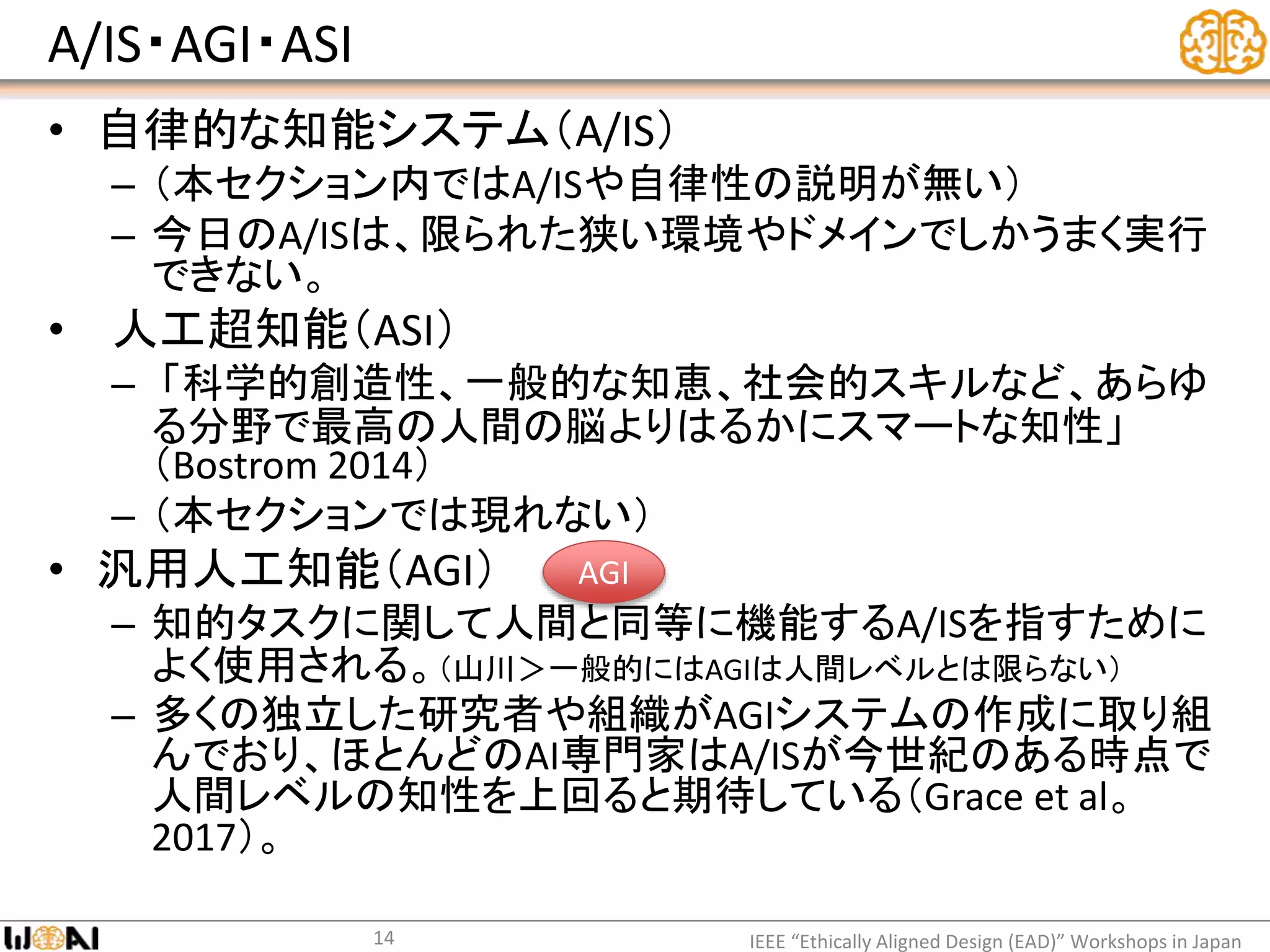 A/IS・AGI・ASI
• 自律的な知能システム（A/IS）
– （本セクション内ではA/ISや自律性の説明が無い）
– 今日のA/ISは、限られた狭い環境やドメインでしかうまく実行
できない。
• 人工超知能（ASI）
– 「科学的創造性、一般的な知恵、社会的スキルなど、あらゆ
る分野で最高の人間の脳よりはるかにスマートな知性」
（Bostrom 2014）
– （本セクションでは現れない）
• 汎用人工知能（AGI）
– 知的タスクに関して人間と同等に機能するA/ISを指すために
よく使用される。（山川＞一般的にはAGIは人間レベルとは限らない）
– 多くの独立した研究者や組織がAGIシステムの作成に取り組
んでおり、ほとんどのAI専門家はA/ISが今世紀のある時点で
人間レベルの知性を上回ると期待している（Grace et al。
2017）。
IEEE “Ethically Aligned Design (EAD)” Workshops in Japan14
AGI
 