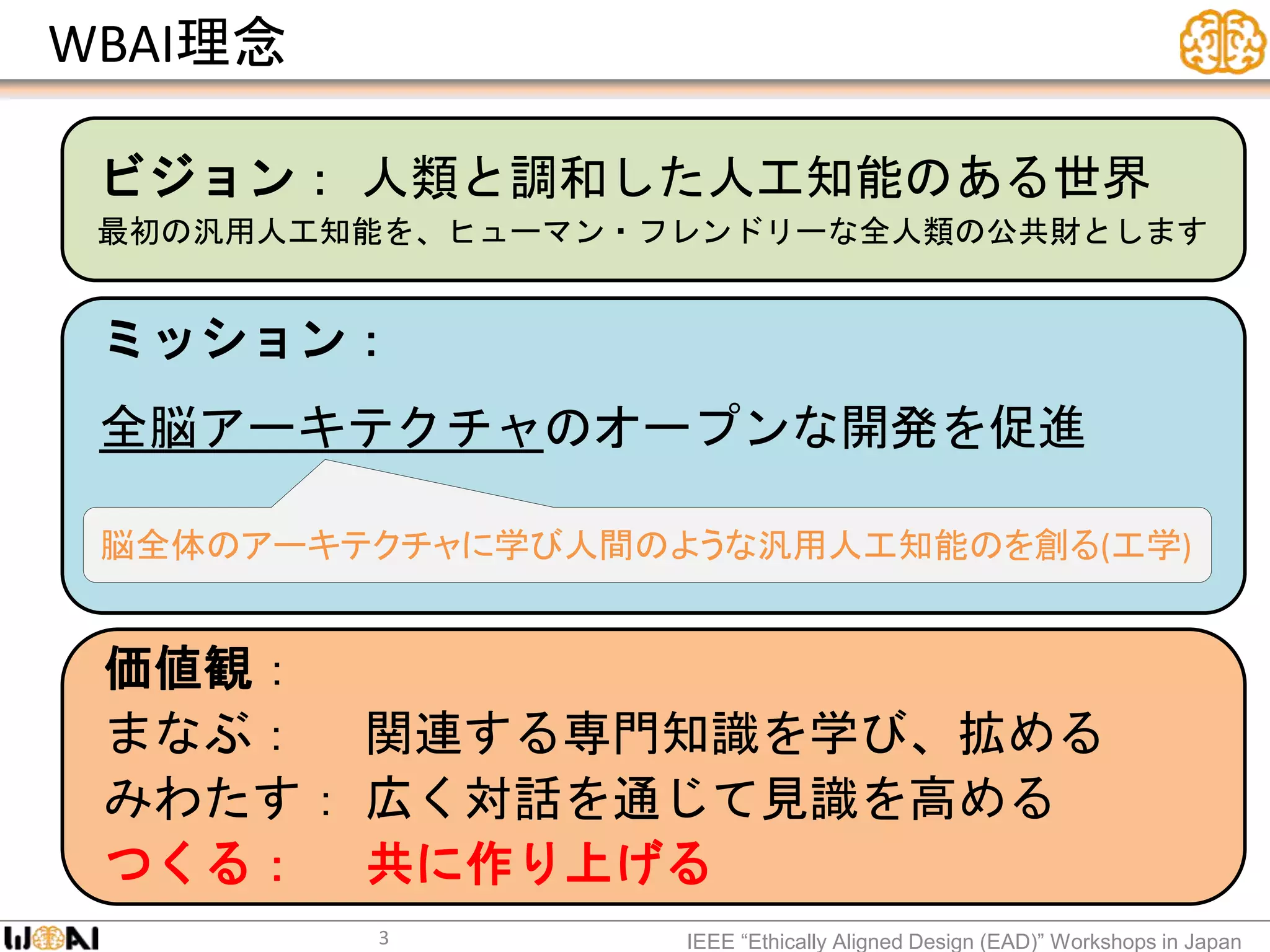 WBAI理念
IEEE “Ethically Aligned Design (EAD)” Workshops in Japan
ビジョン： 人類と調和した人工知能のある世界
最初の汎用人工知能を、ヒューマン・フレンドリーな全人類の公共財とします
価値観：
まなぶ： 関連する専門知識を学び、拡める
みわたす： 広く対話を通じて見識を高める
つくる： 共に作り上げる
ミッション：
全脳アーキテクチャのオープンな開発を促進
脳全体のアーキテクチャに学び人間のような汎用人工知能のを創る(工学)
3
 