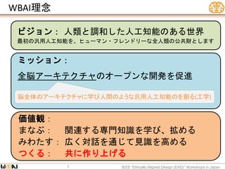 WBAI理念
IEEE “Ethically Aligned Design (EAD)” Workshops in Japan
ビジョン： 人類と調和した人工知能のある世界
最初の汎用人工知能を、ヒューマン・フレンドリーな全人類の公共財とします
価値観：
まなぶ： 関連する専門知識を学び、拡める
みわたす： 広く対話を通じて見識を高める
つくる： 共に作り上げる
ミッション：
全脳アーキテクチャのオープンな開発を促進
脳全体のアーキテクチャに学び人間のような汎用人工知能のを創る(工学)
3
 