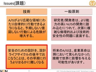 Issues(課題）
IEEE “Ethically Aligned Design (EAD)” Workshops in Japan33
A/ISがより広範な領域にわ
たり自律的に行動できるよ
うになると、予期しない/意
図しない行動による危険が
増大する。
研究者/開発者は、より能
力の高いA/ISの開発に踏
み込むにつれて、次第に複
雑な倫理的および技術的
安全性の問題に直面する。
安全のための設計を、設計
ライフサイクルの後半でお
こなうことは、その早期に行
うよりはるかに難しくなる
将来のA/ISは、産業革命以
降において見られなかった
規模で世界に影響を与える
可能性があります。
技術 一般原則
 
