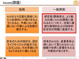 Issues(課題）
IEEE “Ethically Aligned Design (EAD)” Workshops in Japan41
A/ISがより広範な領域にわ
たり自律的に行動できるよ
うになると、予期しない/意
図しない行動による危険が
増大する。
研究者/開発者は、より能
力の高いA/ISの開発に踏
み込むにつれて、次第に複
雑な倫理的および技術的
安全性の問題に直面する。
安全のための設計を、設計
ライフサイクルの後半でお
こなうことは、その早期に行
うよりはるかに難しくなる
将来のA/ISは、産業革命以
降において見られなかった
規模で世界に影響を与える
可能性があります。
技術 一般原則
 