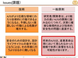 Issues(課題）
IEEE “Ethically Aligned Design (EAD)” Workshops in Japan47
A/ISがより広範な領域にわ
たり自律的に行動できるよ
うになると、予期しない/意
図しない行動による危険が
増大する。
研究者/開発者は、より能
力の高いA/ISの開発に踏
み込むにつれて、次第に複
雑な倫理的および技術的
安全性の問題に直面する。
安全のための設計を、設計
ライフサイクルの後半でお
こなうことは、その早期に行
うよりはるかに難しくなる
将来のA/ISは、産業革命以
降において見られなかった
規模で世界に影響を与える
可能性があります。
技術 一般原則
 