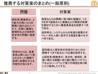 推薦する対策案のまとめ(一般原則)
IEEE “Ethically Aligned Design (EAD)” Workshops in Japan57
研究者/開発者は、よ
り能力の高いA/ISの
開発に踏み込むにつ
れて、次第に複雑な
倫理的および技術的
安全性の問題に直面
する。
高度なA/ISの開発に取り組む組織は、リス
クを伴う提案された実験および開発の影響
を検討するために審査委員会を設置すべき
である。
技術者は、システムからの有益な結果がオ
ペレータの人徳に依存する程度を最小化す
べきである。
将来のA/ISは、産業
革命以降において見
られなかった規模で
世界に影響を与える
可能性があります。
超知能は人類全体の利益のためにのみ
開発すべきであるという立場を採用する。
AI研究者/開発者が、安全性、倫理性、恩
恵に関わる課題に取り組む際のソフトウェ
アおよびハードウェア面での障壁を取り除
いたり救済したりする。
問題 対策案
 