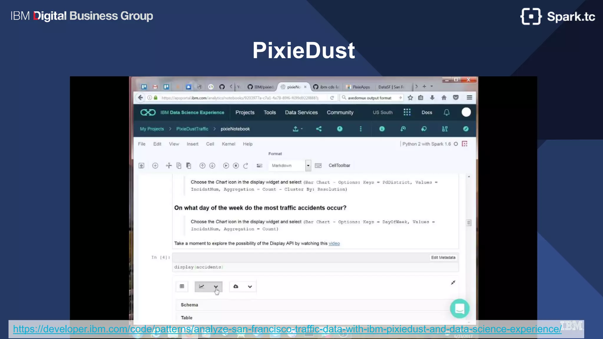 19
PixieDust
https://developer.ibm.com/code/patterns/analyze-san-francisco-traffic-data-with-ibm-pixiedust-and-data-science-experience/
 