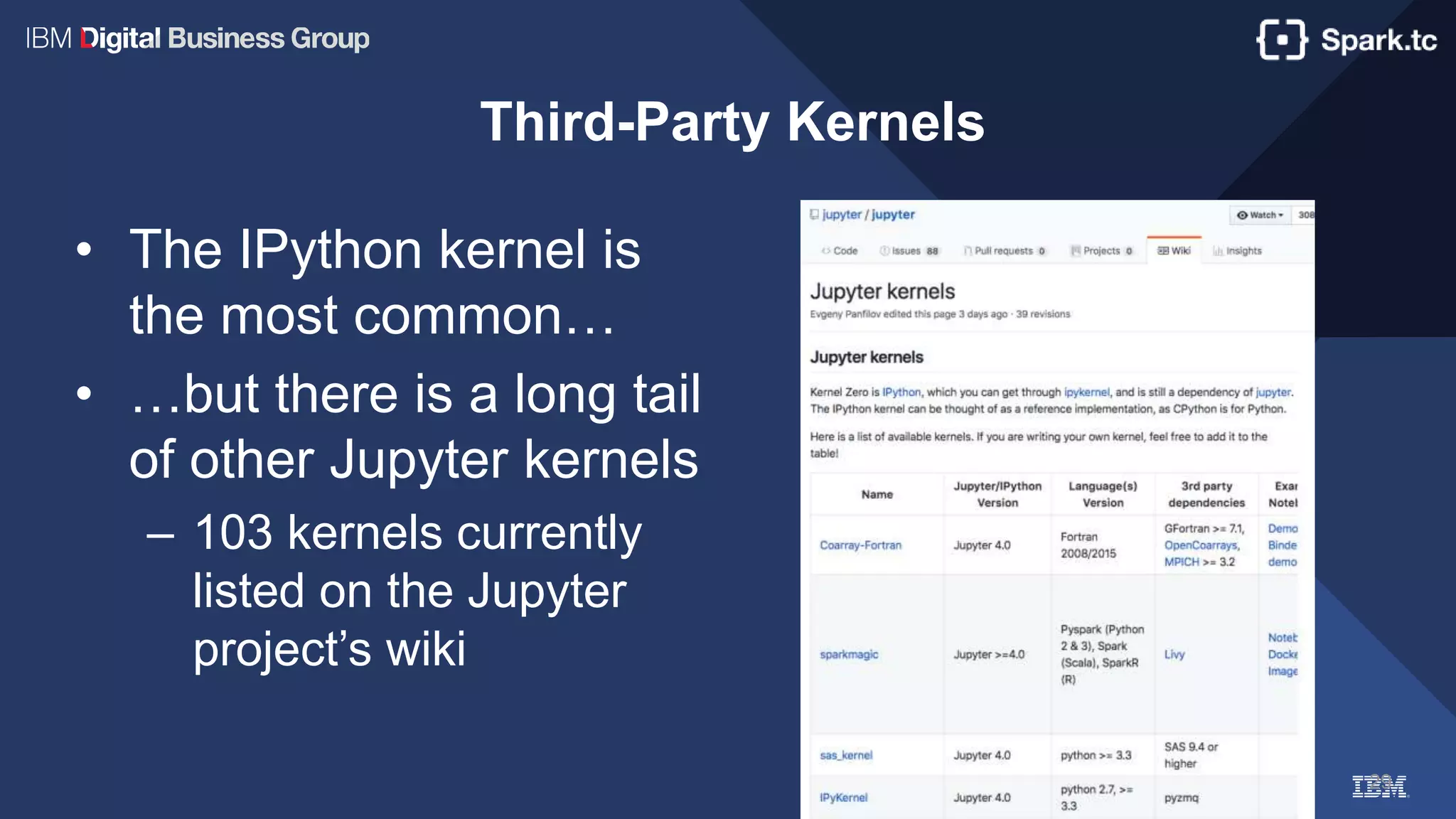 29
Third-Party Kernels
• The IPython kernel is
the most common…
• …but there is a long tail
of other Jupyter kernels
– 103 kernels currently
listed on the Jupyter
project’s wiki
 