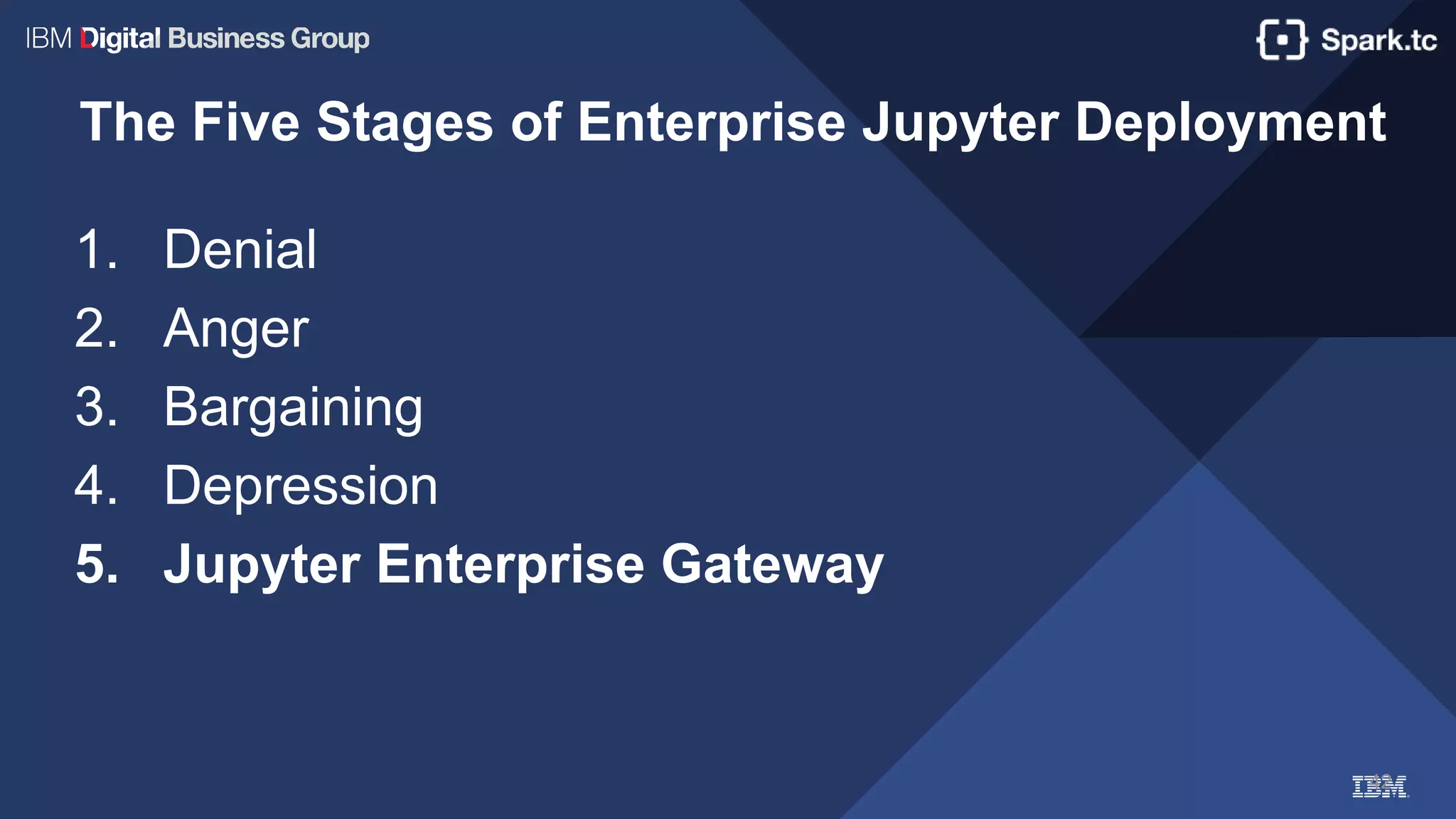42
The Five Stages of Enterprise Jupyter Deployment
1. Denial
2. Anger
3. Bargaining
4. Depression
5. Jupyter Enterprise Gateway
 