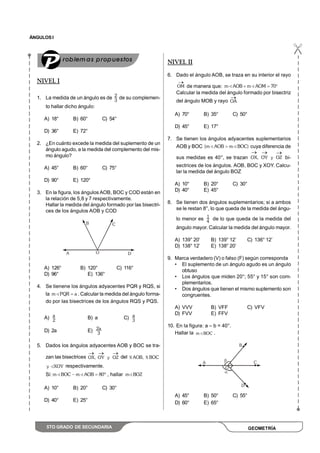 ÁNGULOS I
5TO GRADO DE SECUNDARIA
NIVEL I
1. La medida de un ángulo es de 2
3
de su complemen-
to hallar dicho ángulo:
A) 18° B) 60° C) 54°
D) 36° E) 72°
2. ¿En cuánto excede la medida del suplemento de un
ángulo agudo, a la medida del complemento del mis-
mo ángulo?
A) 45° B) 60° C) 75°
D) 90° E) 120°
3. En la figura, los ángulos AOB, BOC y COD están en
la relación de 5,8 y 7 respectivamente.
Hallar la medida del ángulo formado por las bisectri-
ces de los ángulos AOB y COD
A) 126° B) 120° C) 116°
D) 96° E) 136°
4. Se tienene los ángulos adyacentes PQR y RQS, si
la m PQR a . Calcular la medida del ángulo forma-
do por las bisectrices de los ángulos RQS y PQS.
A) a
2
B) a C) a
3
D) 2a E) 2a
3
5. Dados los ángulos adyacentes AOB y BOC se tra-
zan las bisectrices OX, OY y OZ del AOB, BOCS S
y XOY respectivamente.
Si: m BOC m AOB 80º , hallar m BOZ
A) 10° B) 20° C) 30°
D) 40° E) 25°
NIVEL II
6. Dado el ángulo AOB, se traza en su interior el rayo
OM de manera que: m AOB m AOM 70
Calcular la medida del ángulo formado por bisectriz
del ángulo MOB y rayo OA
A) 70° B) 35° C) 50°
D) 45° E) 17°
7. Se tienen los ángulos adyacentes suplementarios
AOB y BOC (m AOB m BOC) cuya diferencia de
sus medidas es 40°, se trazan OX, OY y OZ bi-
sectrices de los ángulos. AOB, BOC y XOY. Calcu-
lar la medida del ángulo BOZ
A) 10° B) 20° C) 30°
D) 40° E) 45°
8. Se tienen dos ángulos suplementarios; si a ambos
se le restan 8°, lo que queda de la medida del ángu-
lo menor es 1
4
de lo que queda de la medida del
ángulo mayor. Calcular la medida del ángulo mayor.
A) 139° 20’ B) 139° 12’ C) 136° 12’
D) 138° 12’ E) 138° 20’
9. Marca verdadero (V) o falso (F) según corresponda
• El suplemento de un ángulo agudo es un ángulo
obtuso
• Los ángulos que miden 20°; 55° y 15° son com-
plementarios.
• Dos ángulos que tienen el mismo suplemento son
congruentes.
A) VVV B) VFF C) VFV
D) FVV E) FFV
10. En la figura: a – b = 40°.
Hallar la m BOC .
A) 45° B) 50° C) 55°
D) 60° E) 65°
 