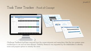 Task Time Tracker - Proof-of-Concept
© 2018 Garofalo UX. Garofalo Enterprises, Inc. 31
Challenge: Feedback had been received from the conservationists and researchers, that the two systems were
cumbersome to use and not time efficient. Usability Research was requested by the stakeholders to identify
issues and propose options to remedy the issues.
 
