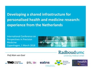 Developing a shared infrastructure for
personalised health and medicine research:
experience from the Netherlands
International Conference on
Perspectives in Precision
Medicine
Copenhagen, 1 March 2018
Prof Alain van Gool
 