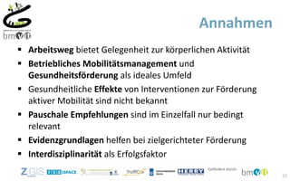  Arbeitsweg bietet Gelegenheit zur körperlichen Aktivität
 Betriebliches Mobilitätsmanagement und
Gesundheitsförderung als ideales Umfeld
 Gesundheitliche Effekte von Interventionen zur Förderung
aktiver Mobilität sind nicht bekannt
 Pauschale Empfehlungen sind im Einzelfall nur bedingt
relevant
 Evidenzgrundlagen helfen bei zielgerichteter Förderung
 Interdisziplinarität als Erfolgsfaktor
Annahmen
25
 