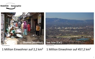 5
Mobilität Geographie
http://en.wikipedia.org
Dharavi (Mumbai)
1 Million Einwohner auf 2,2 km²
San Jose (Cal.)
1 Million Einwohner auf 457,2 km²
http://en.wikipedia.org
 