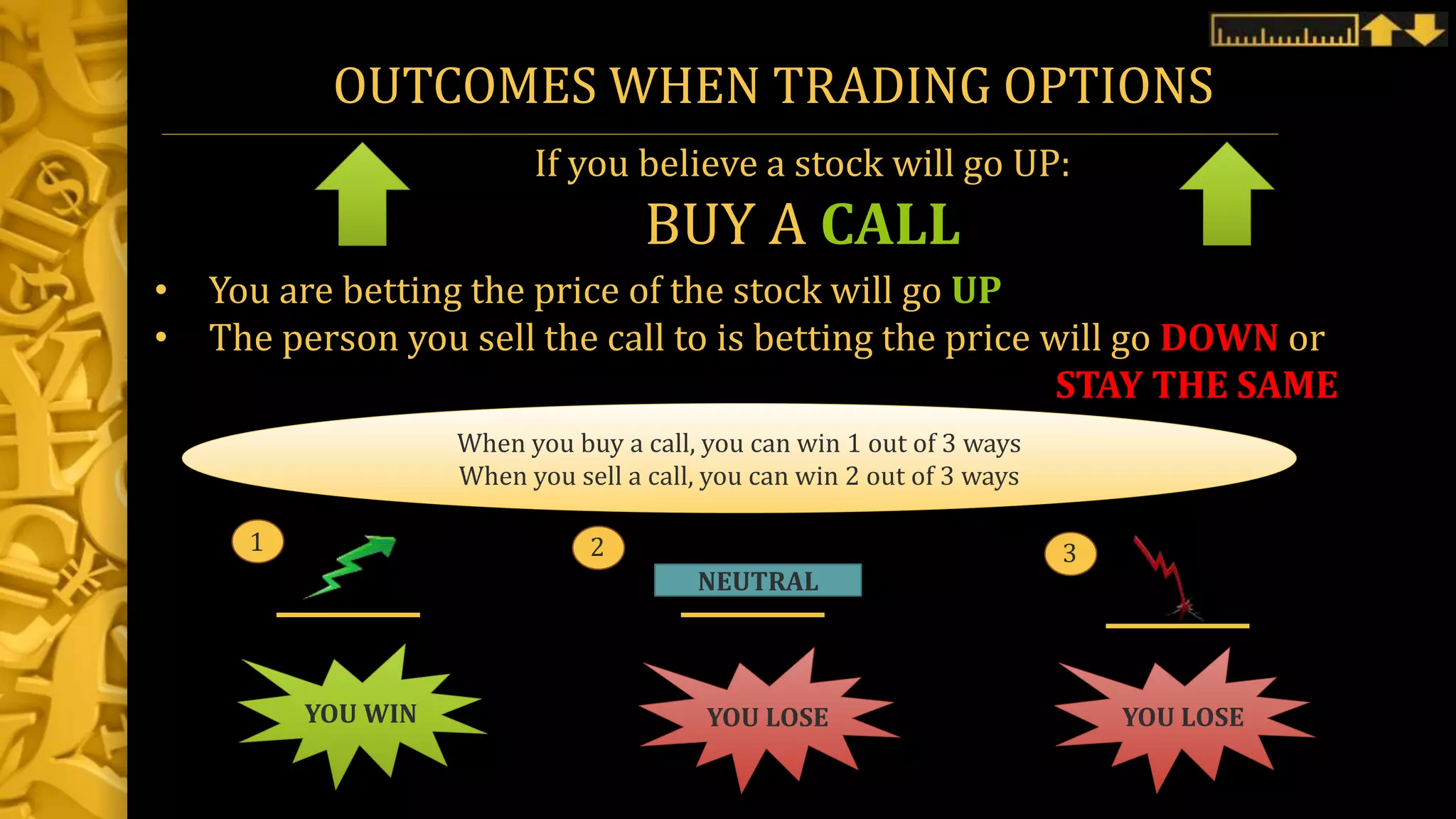 OUTCOMES WHEN TRADING OPTIONS
If you believe a stock will go UP:
BUY A CALL
• You are betting the price of the stock will go UP
• The person you sell the call to is betting the price will go DOWN or
STAY THE SAME
When you buy a call, you can win 1 out of 3 ways
When you sell a call, you can win 2 out of 3 ways
YOU WIN
1
NEUTRAL
2
YOU LOSE
3
YOU LOSE
 