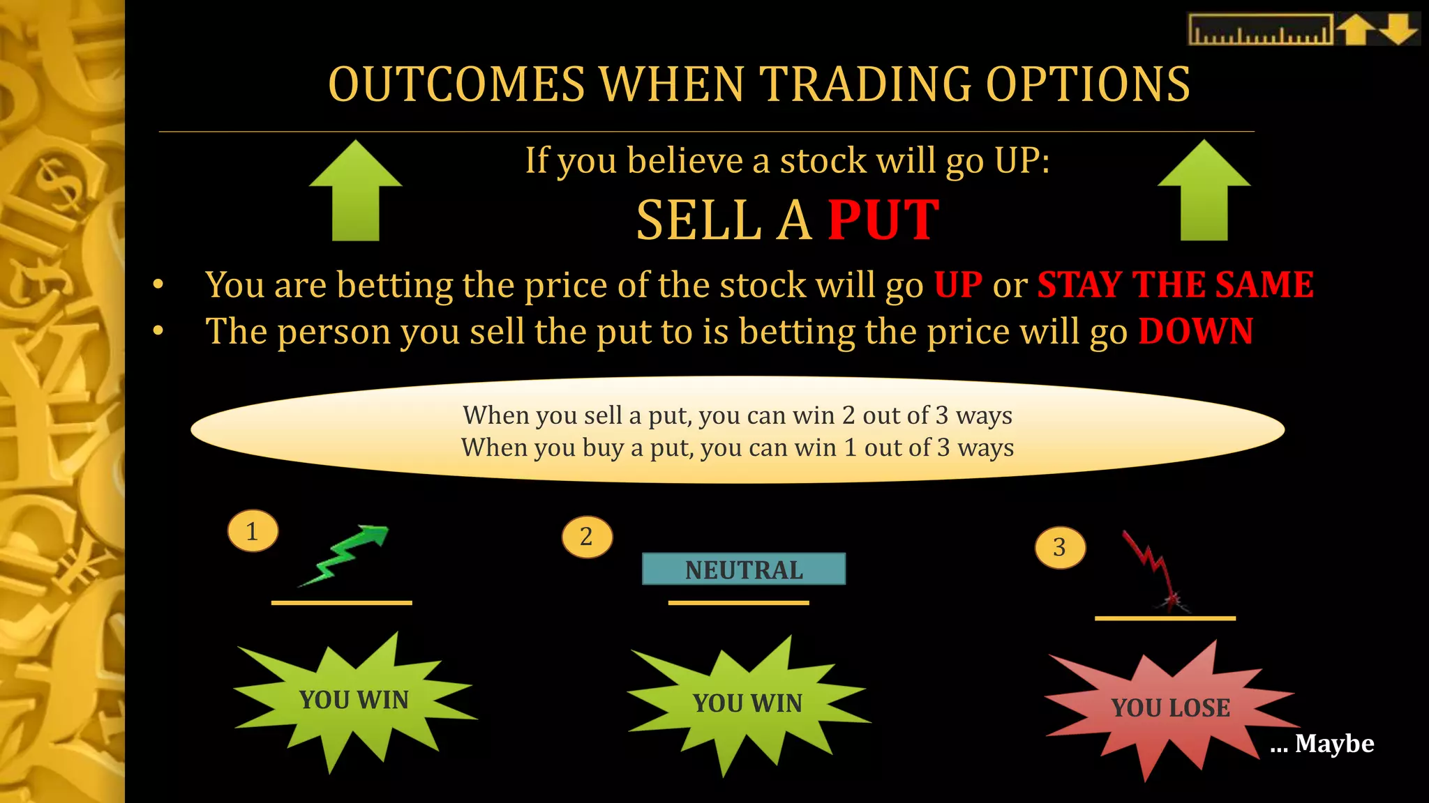 OUTCOMES WHEN TRADING OPTIONS
If you believe a stock will go UP:
SELL A PUT
• You are betting the price of the stock will go UP or STAY THE SAME
• The person you sell the put to is betting the price will go DOWN
When you sell a put, you can win 2 out of 3 ways
When you buy a put, you can win 1 out of 3 ways
YOU WIN
1
NEUTRAL
2
YOU WIN
3
YOU LOSE
… Maybe
 