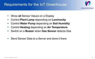 Requirements for the IoT Greenhouse
 Show all Sensor Values on a Display
 Control Plant Lamp depending on Luminocity
 Control Water Pump depending on Soil Humidity
 Control Heating depending on Air Temperature
 Switch on a Buzzer when Gas Sensor detects Gas
 Send Sensor Data to a Server and store it there
12Generative Software GmbH
 