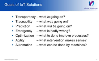 Goals of IoT Solutions
 Transparency – what is going on?
 Traceability – what was going on?
 Prediction – what will be going on?
 Emergency – what is badly wrong?
 Optimization – what to do to improve processes?
 Agility – what intervention makes sense?
 Automation – what can be done by machines?
4Generative Software GmbH
 