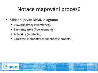 Notace mapování procesů
 Základní prvky BPMN diagramu
 Plavecké dráhy (swimlanes),
 Elementy toku (flow elements),
 Artefakty (artefacts),
 Spojovací elementy (connections elements).
 