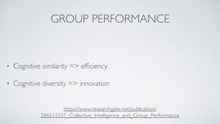 GROUP PERFORMANCE
• Cognitive similarity => efﬁciency
• Cognitive diversity => innovation
https://www.researchgate.net/publication/
286512331_Collective_Intelligence_and_Group_Performance
 