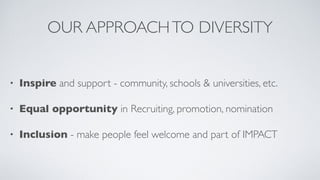 OUR APPROACHTO DIVERSITY
• Inspire and support - community, schools & universities, etc.
• Equal opportunity in Recruiting, promotion, nomination
• Inclusion - make people feel welcome and part of IMPACT
 