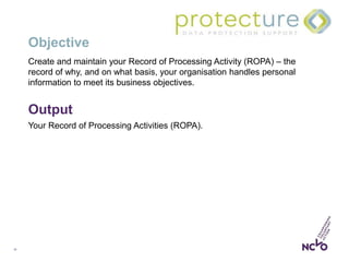 24
Objective
Create and maintain your Record of Processing Activity (ROPA) – the
record of why, and on what basis, your organisation handles personal
information to meet its business objectives.
Output
Your Record of Processing Activities (ROPA).
 