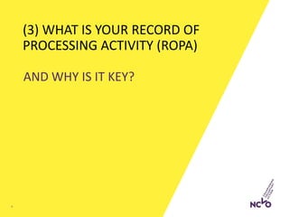 (3) WHAT IS YOUR RECORD OF
PROCESSING ACTIVITY (ROPA)
AND WHY IS IT KEY?
8
 